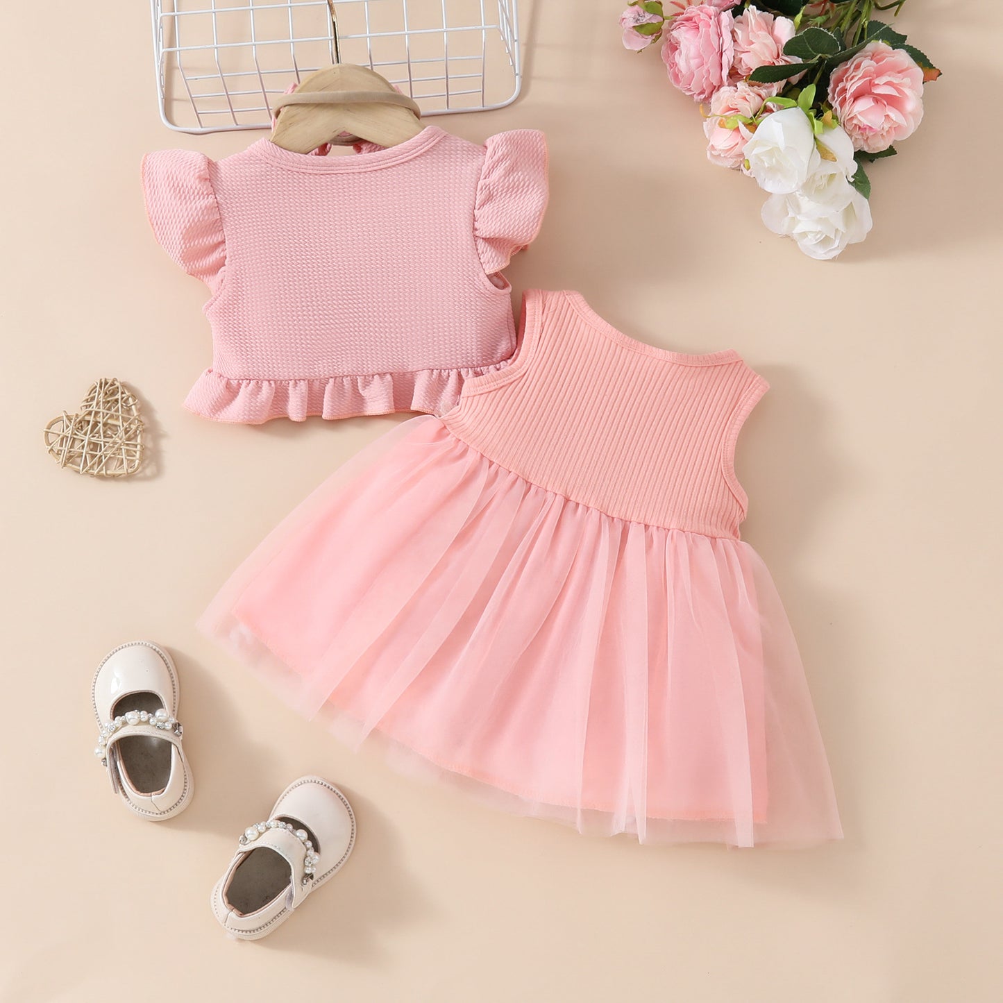 Toddler Girls Sleeveless Cropped Top Mesh Dress Set Sweet Girls Applique Skirt Lace Jacket