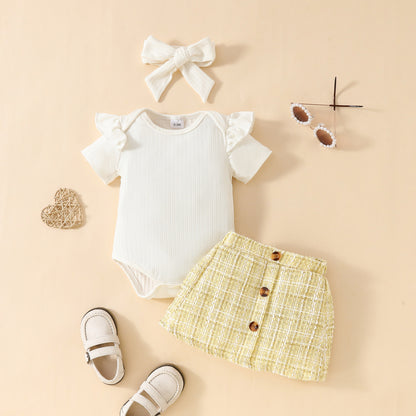 Fashion baby short-sleeved top skirt suit 0-1Y baby girl solid color triangle romper gold silk skirt