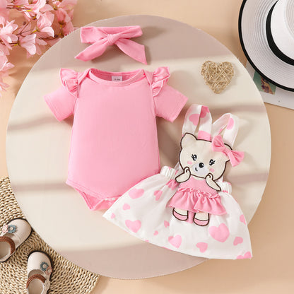 Sweet and cute cartoon bear love baby girl solid color short-sleeved top suspender skirt hairband summer skirt suit