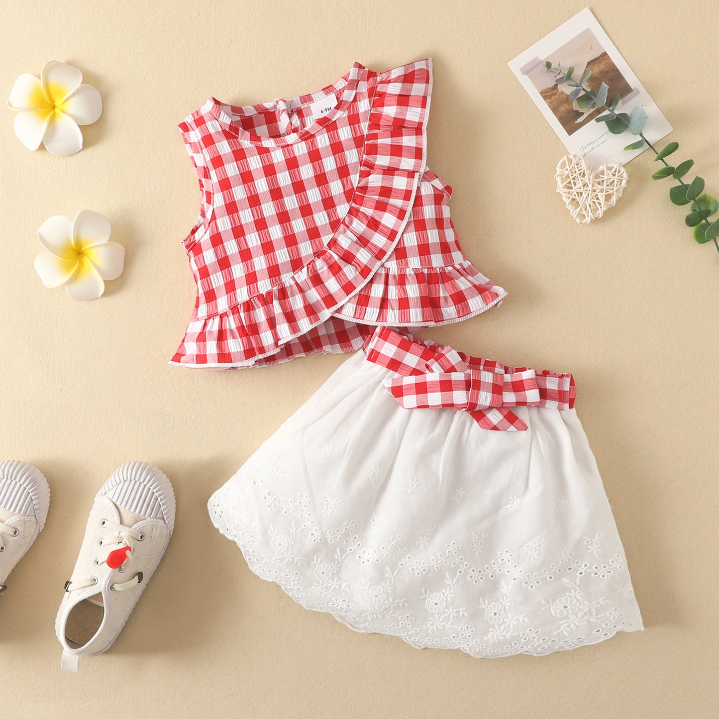 Baby Sleeveless Ruffle Plaid Top Bow Embroidered Skirt Suit Girls