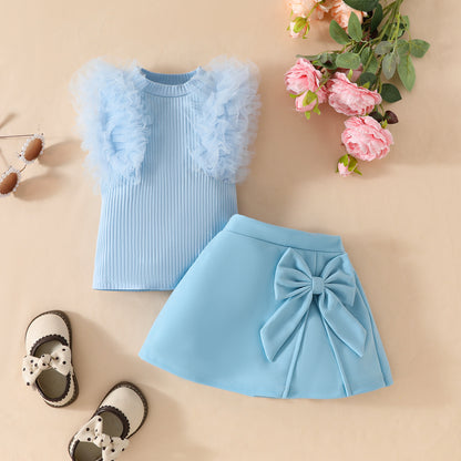 Girls baby sweet summer mesh striped sleeveless top solid color bow skirt suit