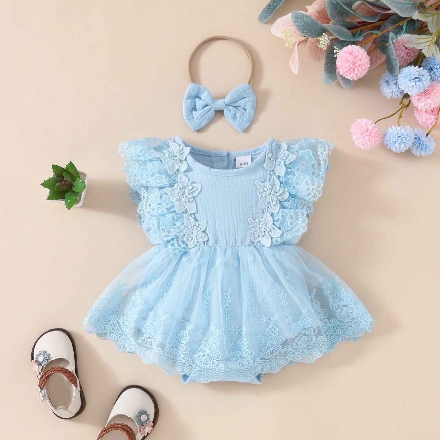 Baby Girl Sweet Sleeveless Lace Triangle Romper Mesh Skirt Newborn Lace Flower Cover-up Dress
