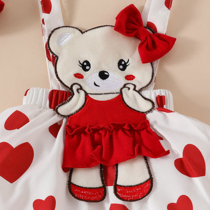 Baby Girls One-piece Dress Set Long Sleeve Red Triangle Romper Bear Doll Overall Dress Hairband