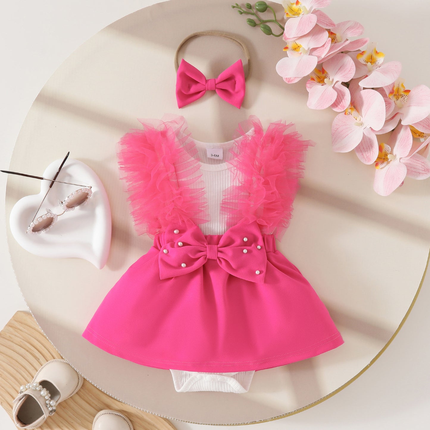 Sweet summer sleeveless mesh big bow triangle dress 0-1 year old baby beaded jumpsuit dress
