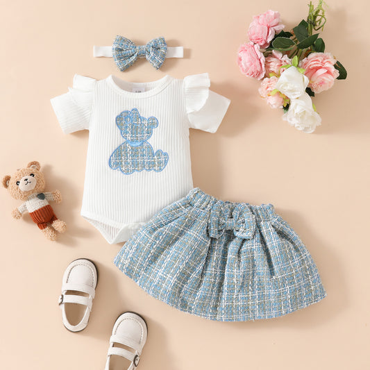 cute bear romper with gold silk skirt Baby short-sleeved skirt suit for girls with embroidered