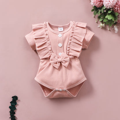 Infant and Toddler Ribbon Bowknot Shorts Set Cotton Short Sleeve Romper Elastic Pants