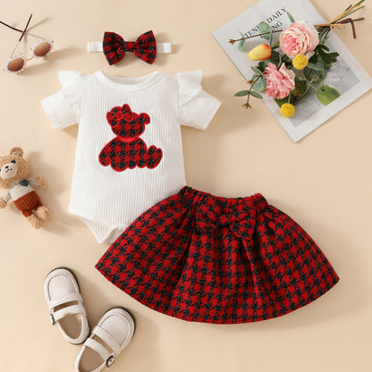 Baby short-sleeved skirt suit for girls with embroidered cute bear romper with gold silk skirt