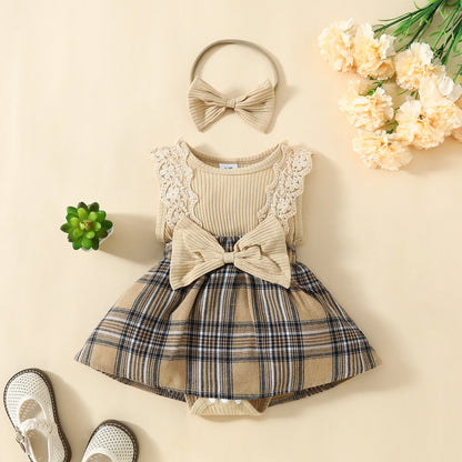 Summer baby girl sleeveless triangle romper dress baby lace big butterfly plaid vest jumpsuit dress