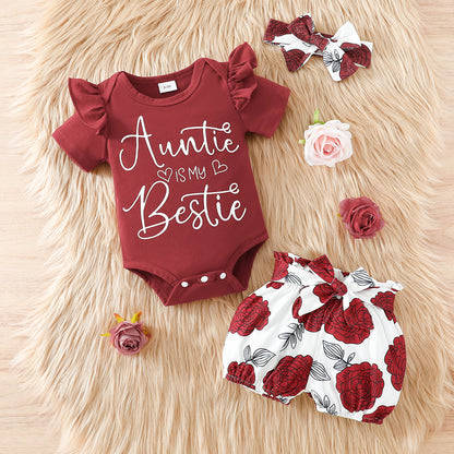 Baby Girl Letter Summer Top Belt Flower Cute Pants Baby Short Sleeve Triangle Romper Shorts Set