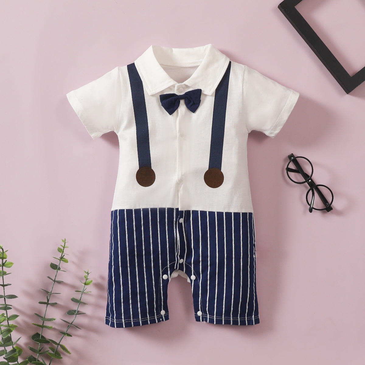 Infant Boys Bow Tie Lapel Splicing Romper Short Sleeve One-Piece Suit