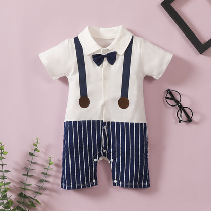 Infant Boys Bow Tie Lapel Splicing Romper Short Sleeve One-Piece Suit
