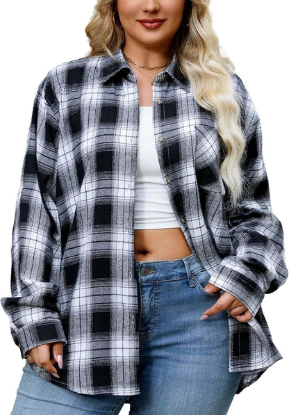 Splensive Womens Plus Size Flannel Shirts Long Sleeve Button Down Plaid Shirt Roll Up Oversize Checkered Blouse Top Fall
