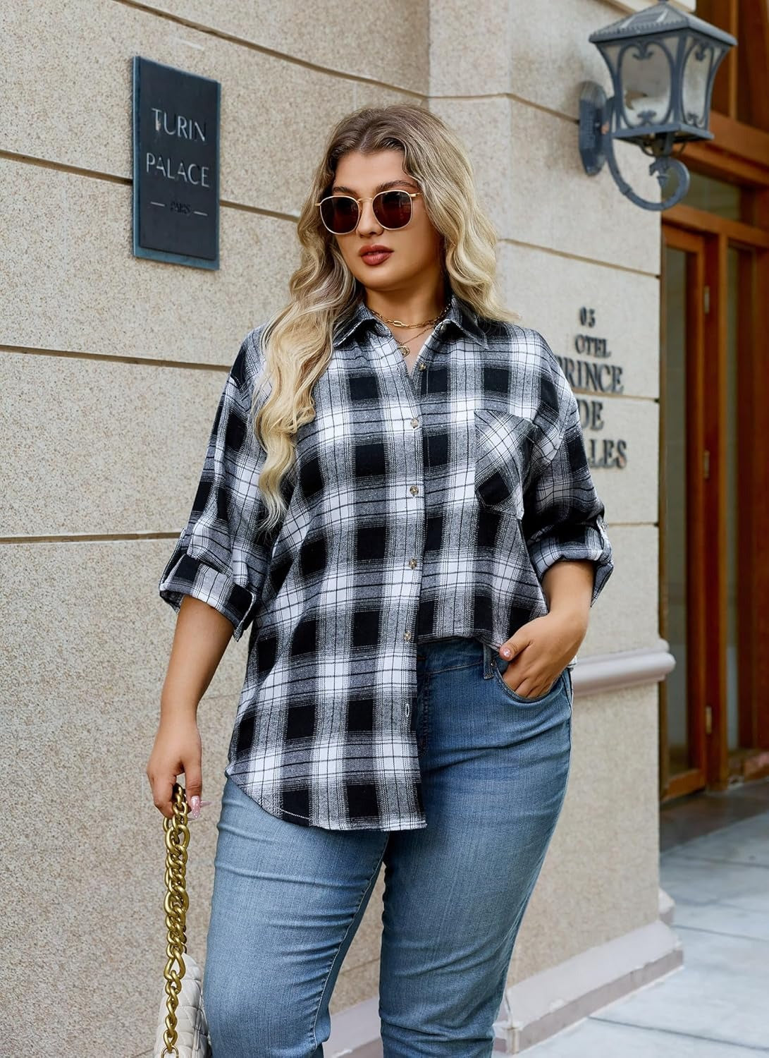 Splensive Womens Plus Size Flannel Shirts Long Sleeve Button Down Plaid Shirt Roll Up Oversize Checkered Blouse Top Fall
