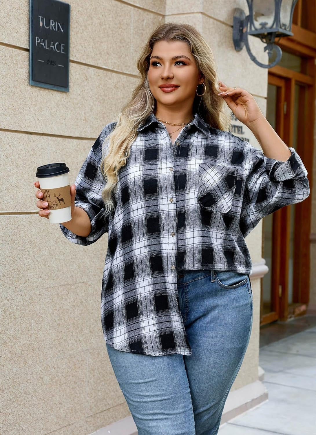 Splensive Womens Plus Size Flannel Shirts Long Sleeve Button Down Plaid Shirt Roll Up Oversize Checkered Blouse Top Fall
