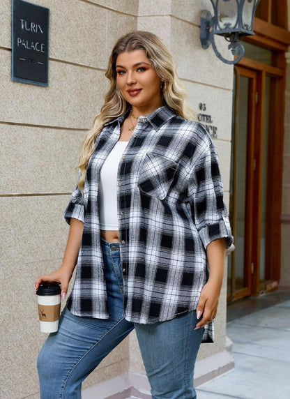Splensive Womens Plus Size Flannel Shirts Long Sleeve Button Down Plaid Shirt Roll Up Oversize Checkered Blouse Top Fall
