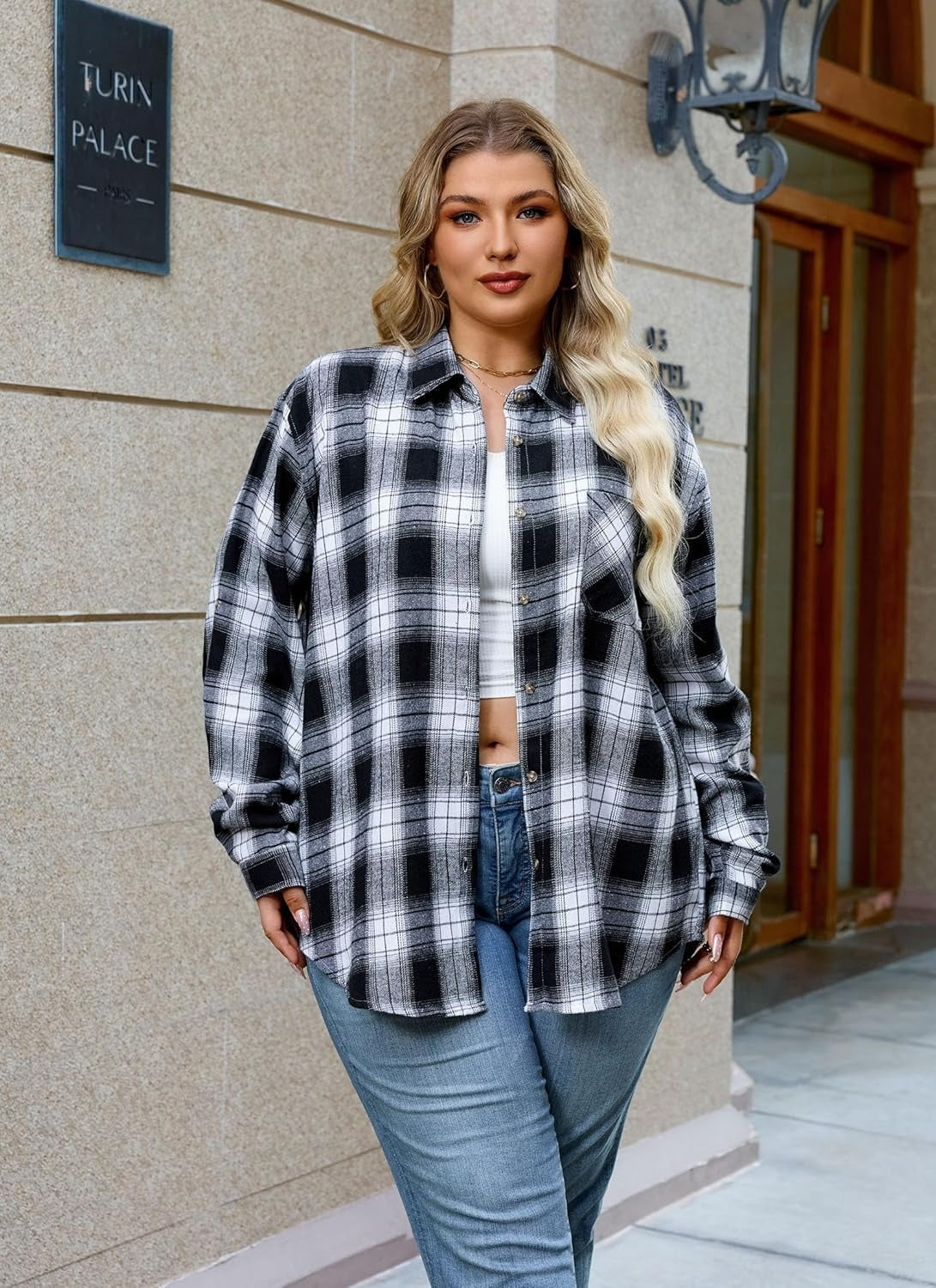 Splensive Womens Plus Size Flannel Shirts Long Sleeve Button Down Plaid Shirt Roll Up Oversize Checkered Blouse Top Fall
