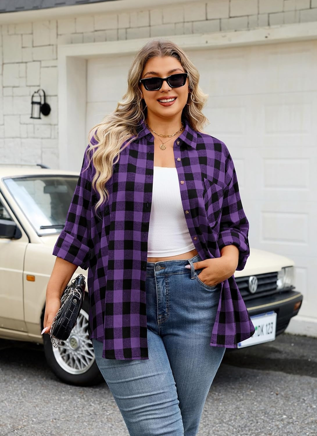 Womens Plus Size Flannel Shirts Long Sleeve Button Down Plaid Shirt Roll Up Oversize Checkered Blouse Top Fall