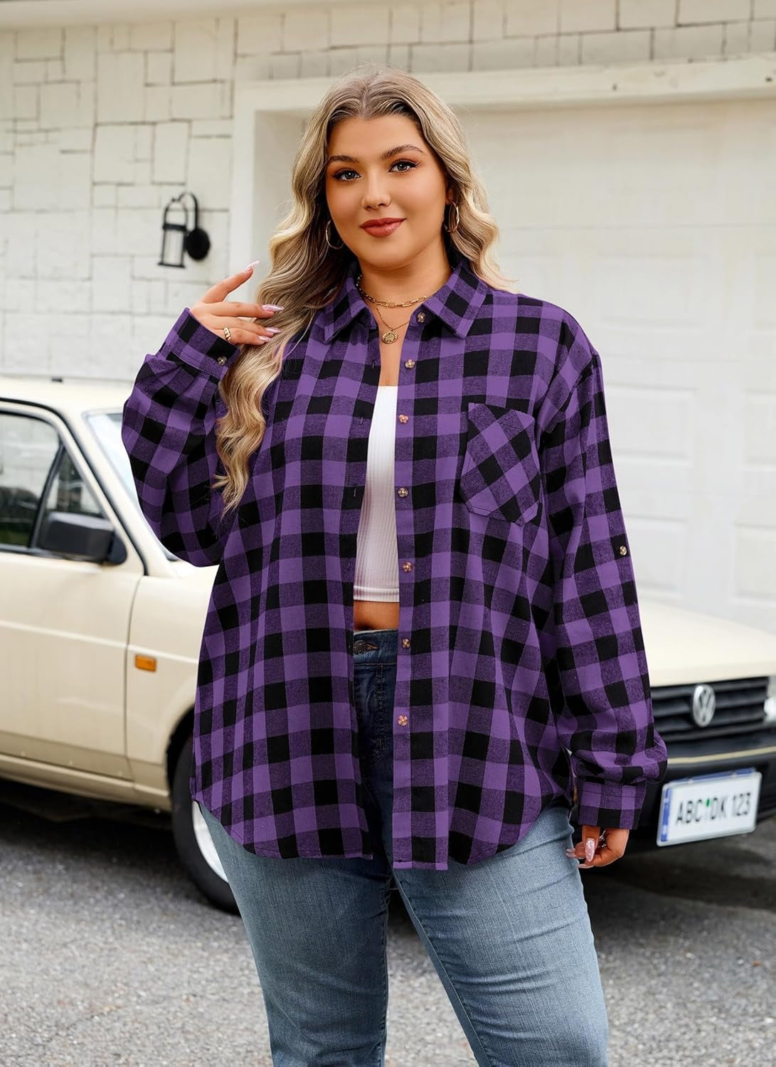 Womens Plus Size Flannel Shirts Long Sleeve Button Down Plaid Shirt Roll Up Oversize Checkered Blouse Top Fall