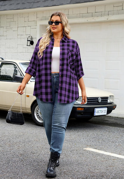 Womens Plus Size Flannel Shirts Long Sleeve Button Down Plaid Shirt Roll Up Oversize Checkered Blouse Top Fall