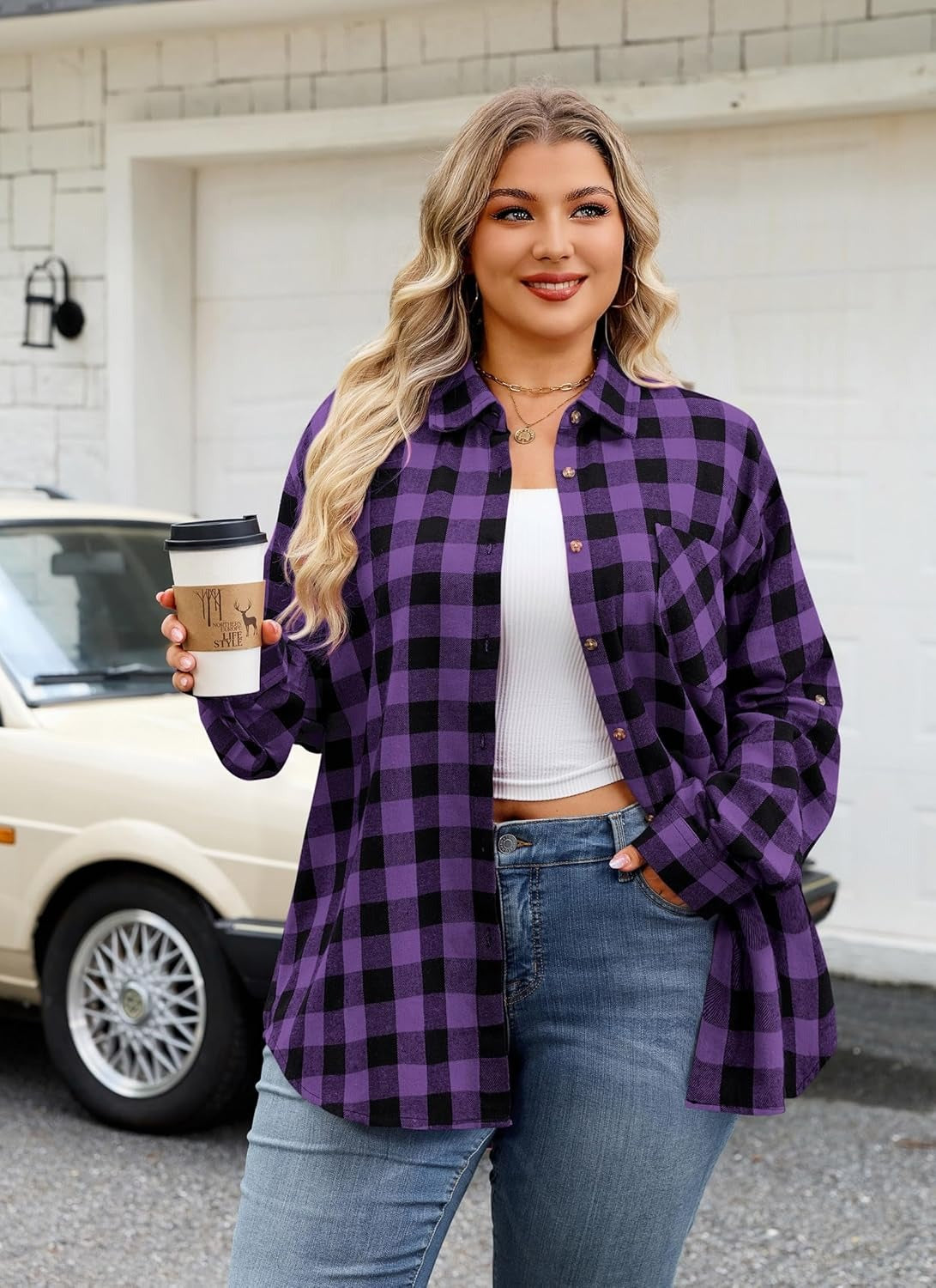Womens Plus Size Flannel Shirts Long Sleeve Button Down Plaid Shirt Roll Up Oversize Checkered Blouse Top Fall