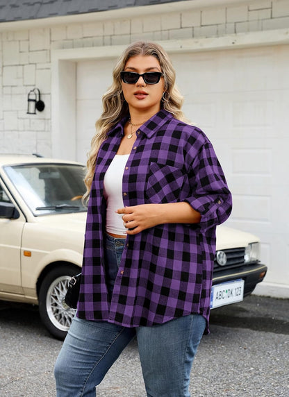 Womens Plus Size Flannel Shirts Long Sleeve Button Down Plaid Shirt Roll Up Oversize Checkered Blouse Top Fall