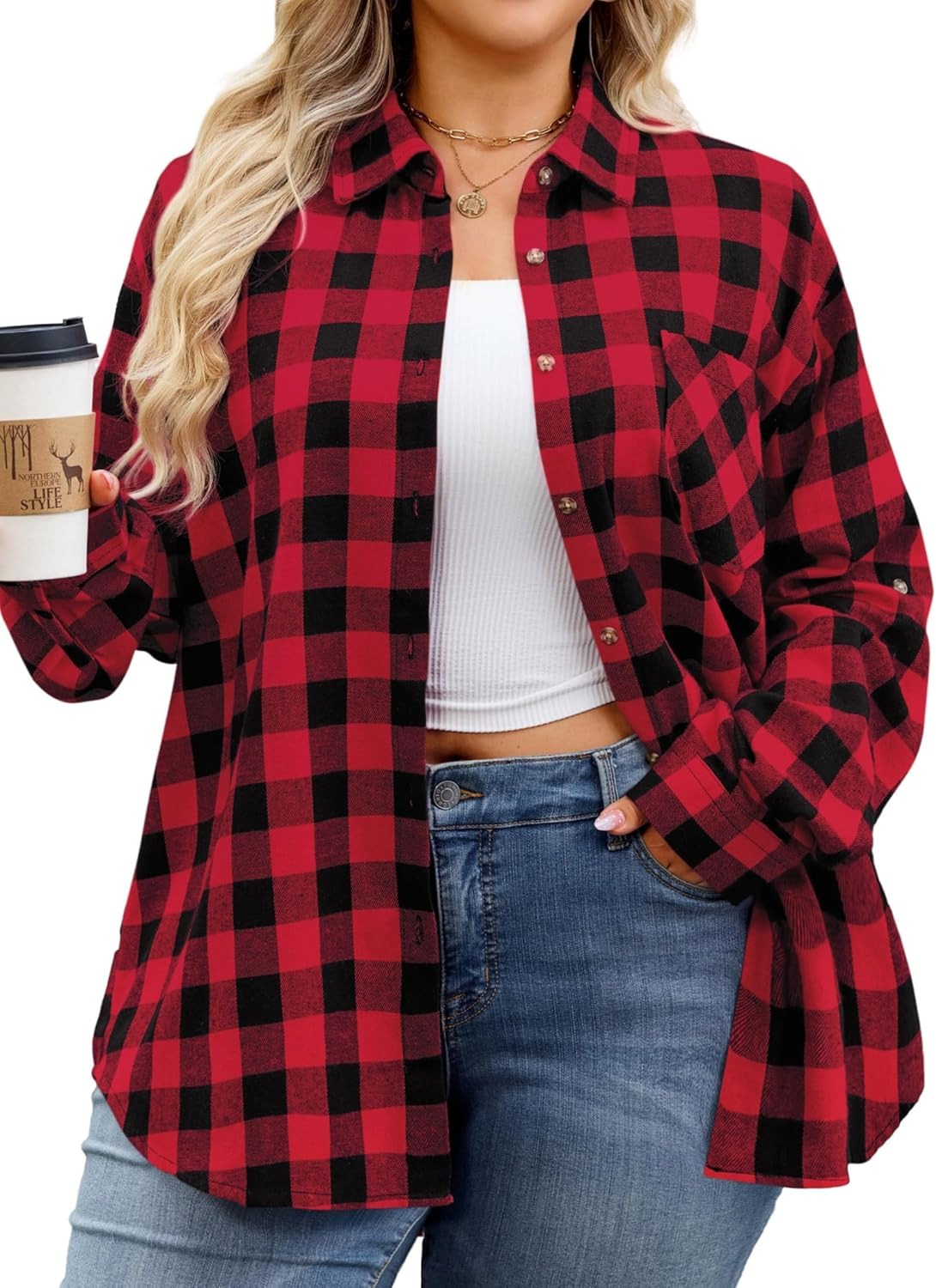 Splensive Womens Plus Size Flannel Shirts Long Sleeve Button Down Plaid Shirt Roll Up Oversize Checkered Blouse Top Fall
