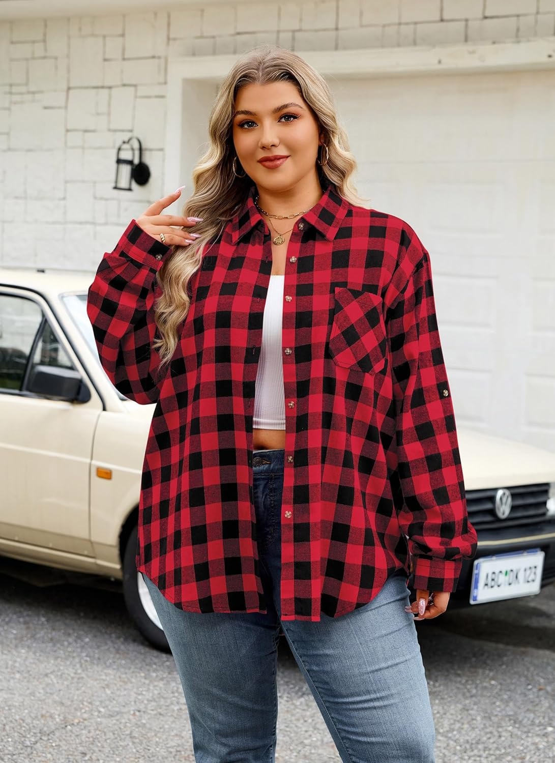 Splensive Womens Plus Size Flannel Shirts Long Sleeve Button Down Plaid Shirt Roll Up Oversize Checkered Blouse Top Fall
