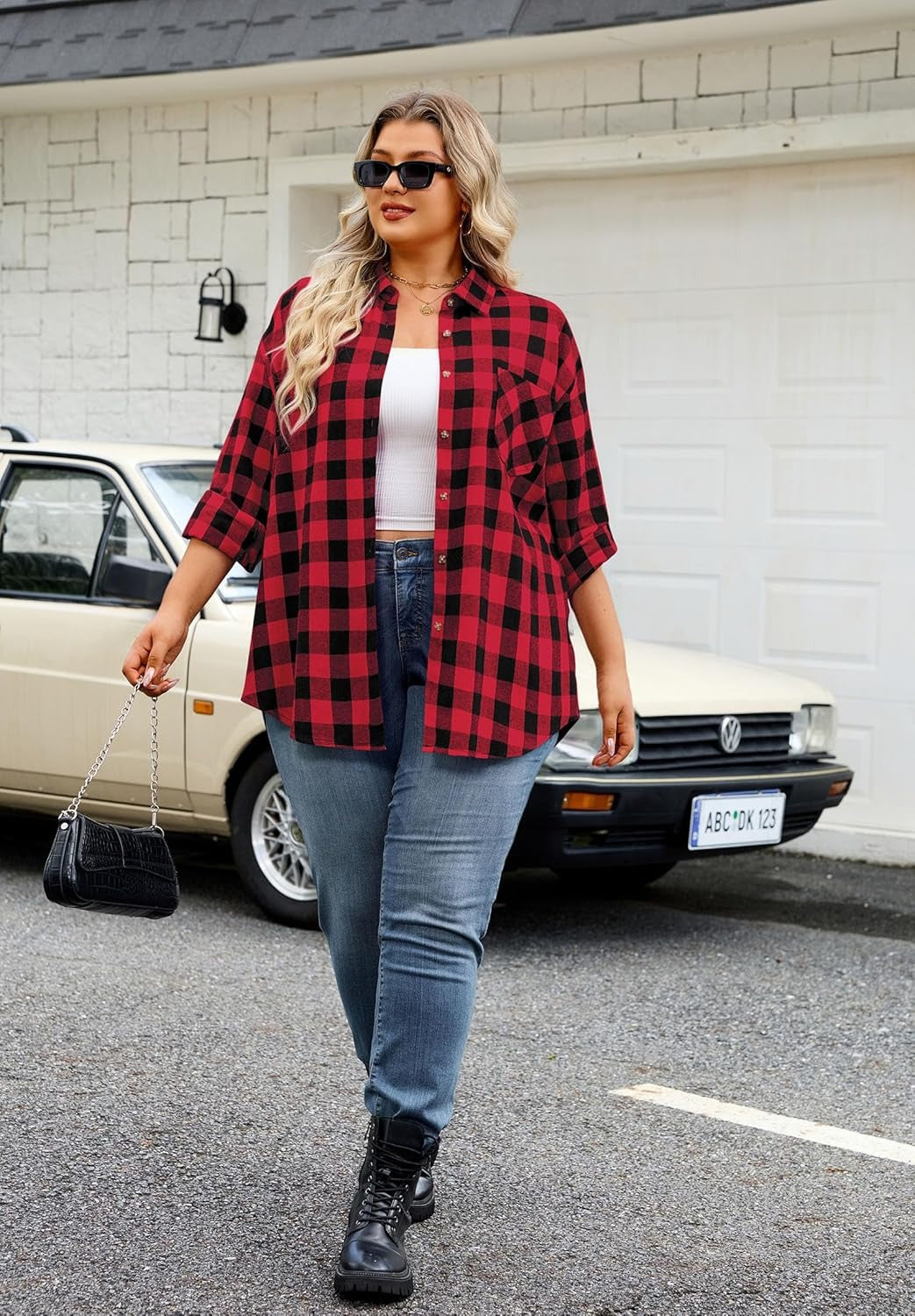 Splensive Womens Plus Size Flannel Shirts Long Sleeve Button Down Plaid Shirt Roll Up Oversize Checkered Blouse Top Fall
