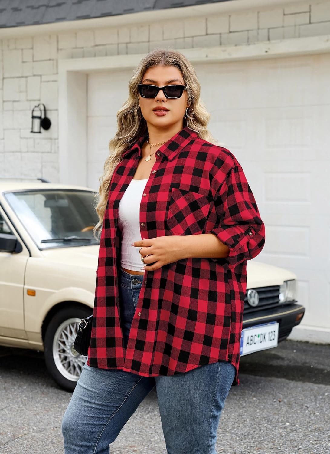 Splensive Womens Plus Size Flannel Shirts Long Sleeve Button Down Plaid Shirt Roll Up Oversize Checkered Blouse Top Fall