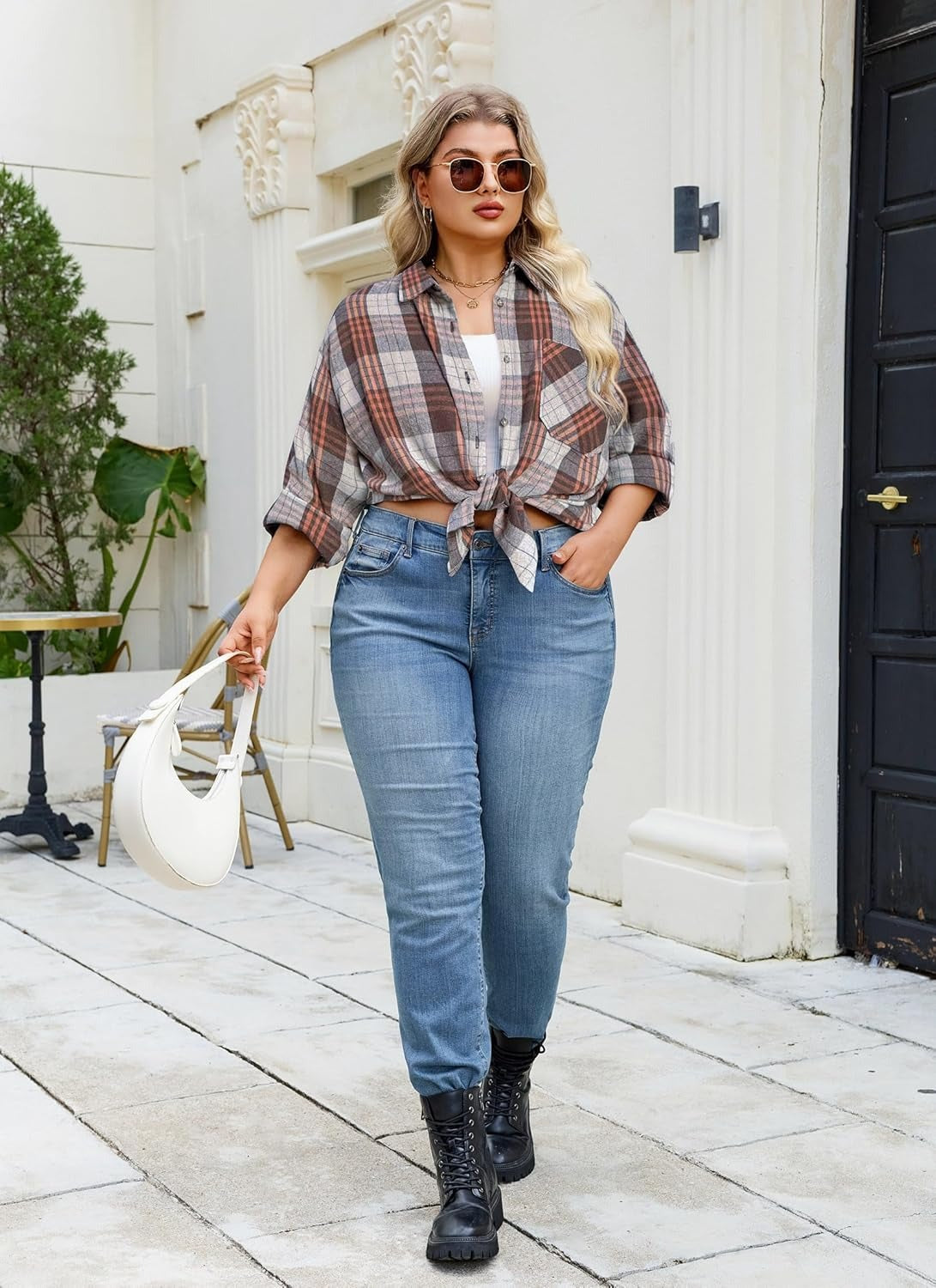 Splensive Womens Plus Size Flannel Shirts Long Sleeve Button Down Plaid Shirt Roll Up Oversize Checkered Blouse Top Fall
