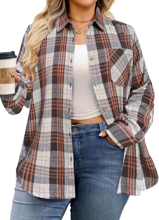 Splensive Womens Plus Size Flannel Shirts Long Sleeve Button Down Plaid Shirt Roll Up Oversize Checkered Blouse Top Fall
