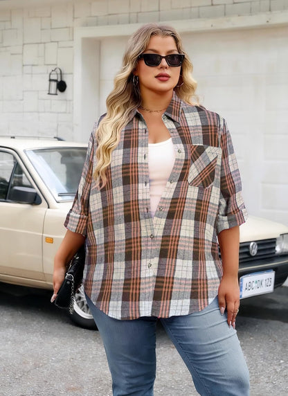 Splensive Womens Plus Size Flannel Shirts Long Sleeve Button Down Plaid Shirt Roll Up Oversize Checkered Blouse Top Fall
