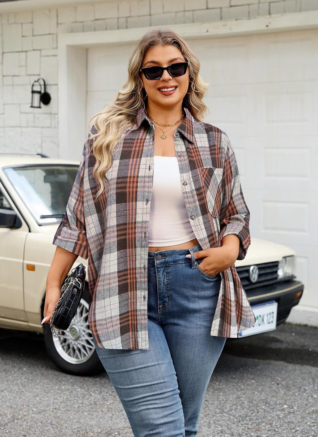 Splensive Womens Plus Size Flannel Shirts Long Sleeve Button Down Plaid Shirt Roll Up Oversize Checkered Blouse Top Fall
