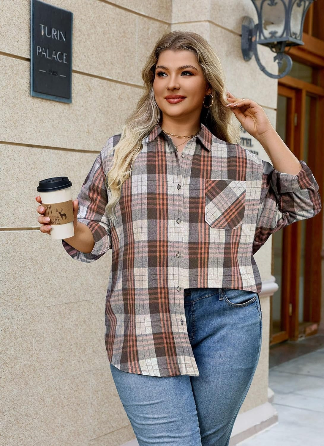 Splensive Womens Plus Size Flannel Shirts Long Sleeve Button Down Plaid Shirt Roll Up Oversize Checkered Blouse Top Fall
