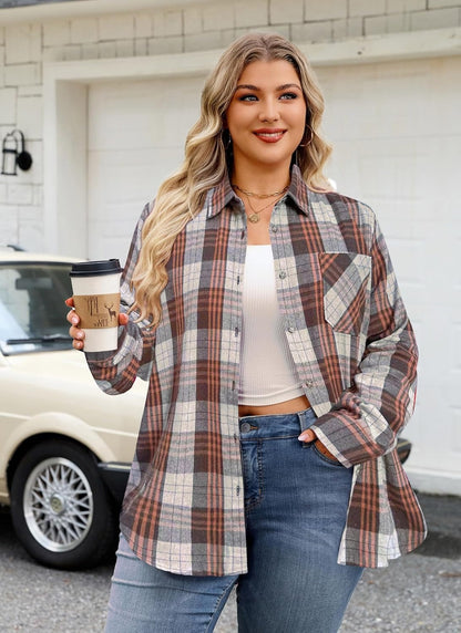 Splensive Womens Plus Size Flannel Shirts Long Sleeve Button Down Plaid Shirt Roll Up Oversize Checkered Blouse Top Fall
