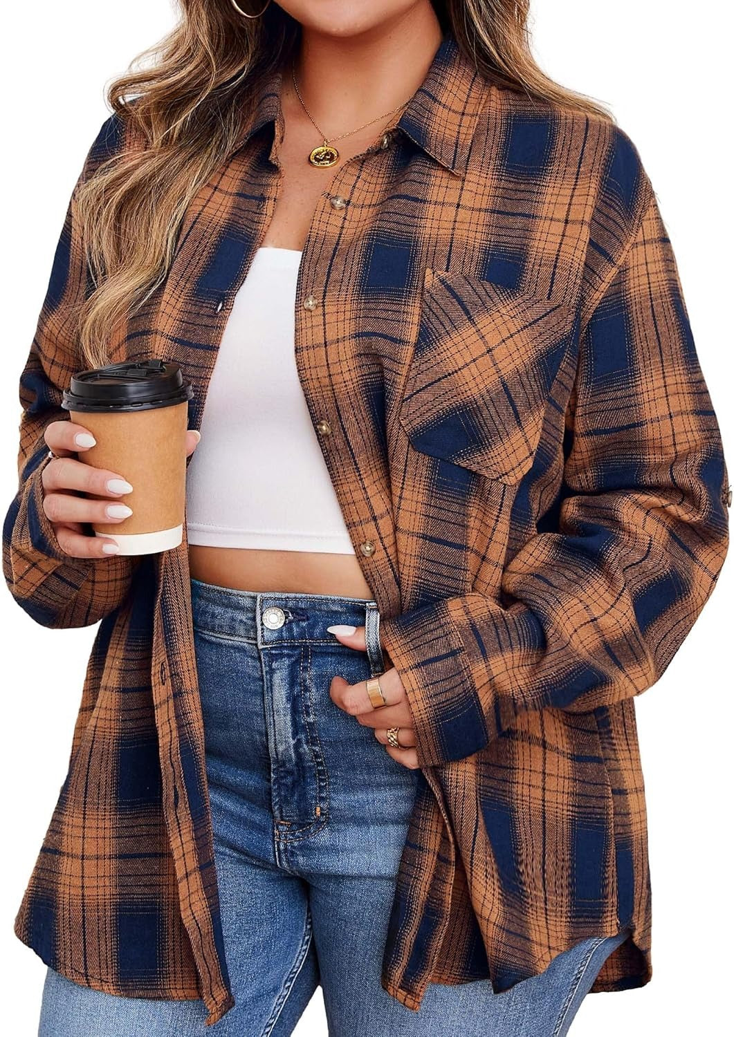 Splensive Womens Plus Size Flannel Shirts Long Sleeve Button Down Plaid Shirt Roll Up Oversize Checkered Blouse Top Fall