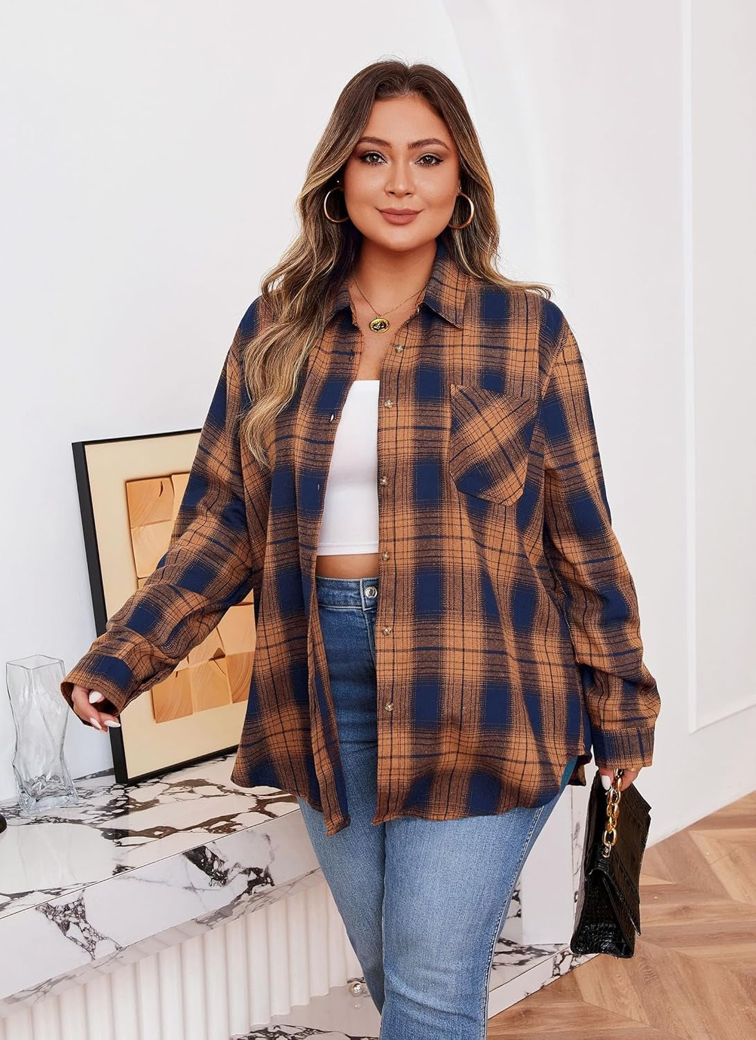 Splensive Womens Plus Size Flannel Shirts Long Sleeve Button Down Plaid Shirt Roll Up Oversize Checkered Blouse Top Fall