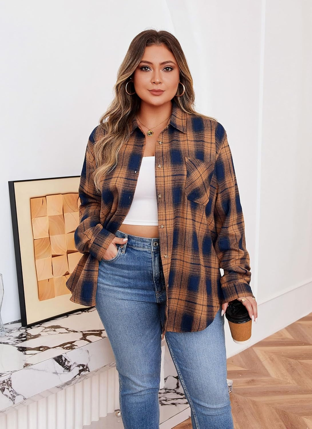 Splensive Womens Plus Size Flannel Shirts Long Sleeve Button Down Plaid Shirt Roll Up Oversize Checkered Blouse Top Fall
