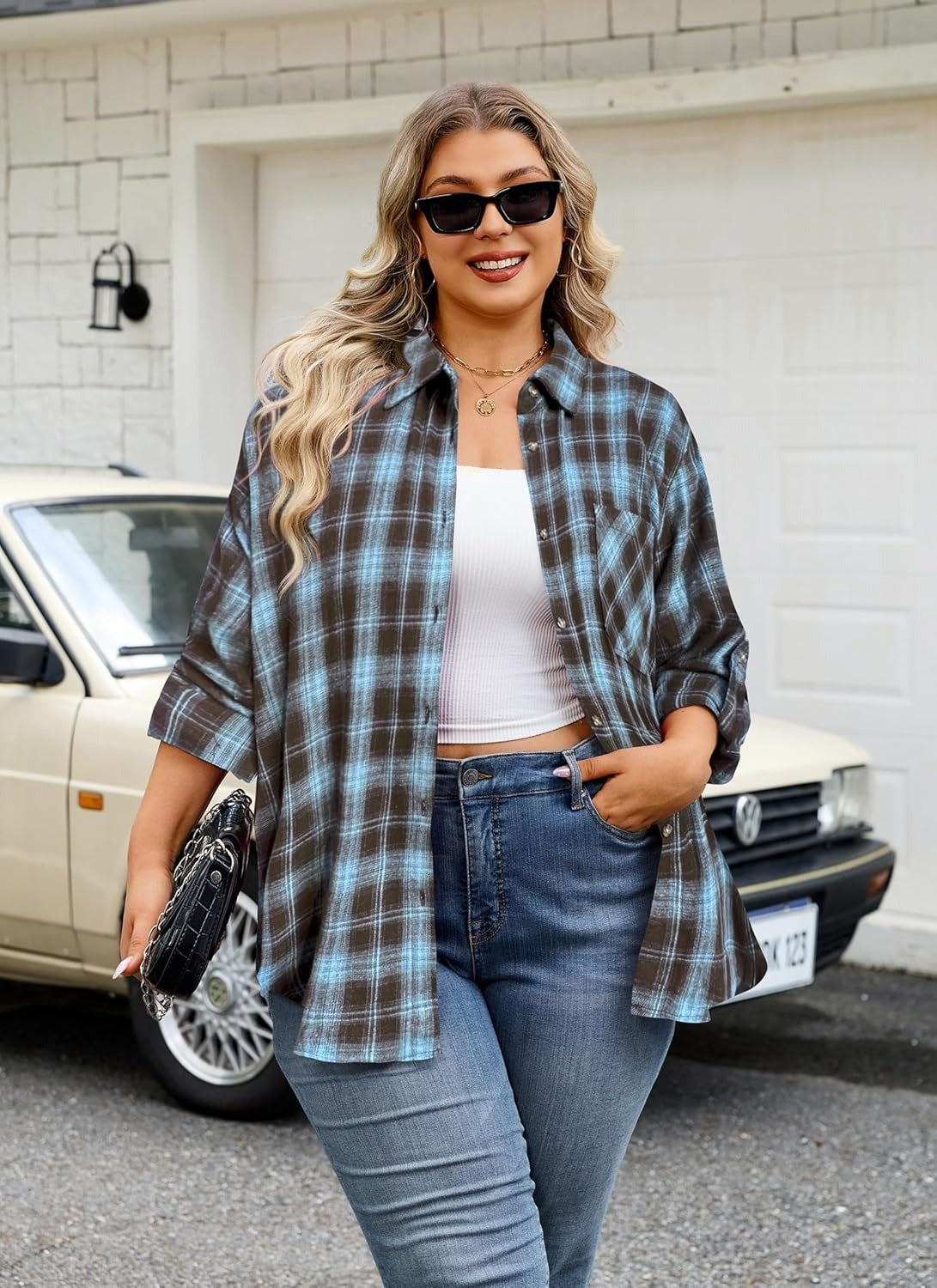 Splensive Womens Plus Size Flannel Shirts Long Sleeve Button Down Plaid Shirt Roll Up Oversize Checkered Blouse Top Fall