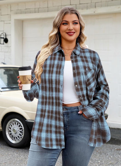 Splensive Womens Plus Size Flannel Shirts Long Sleeve Button Down Plaid Shirt Roll Up Oversize Checkered Blouse Top Fall
