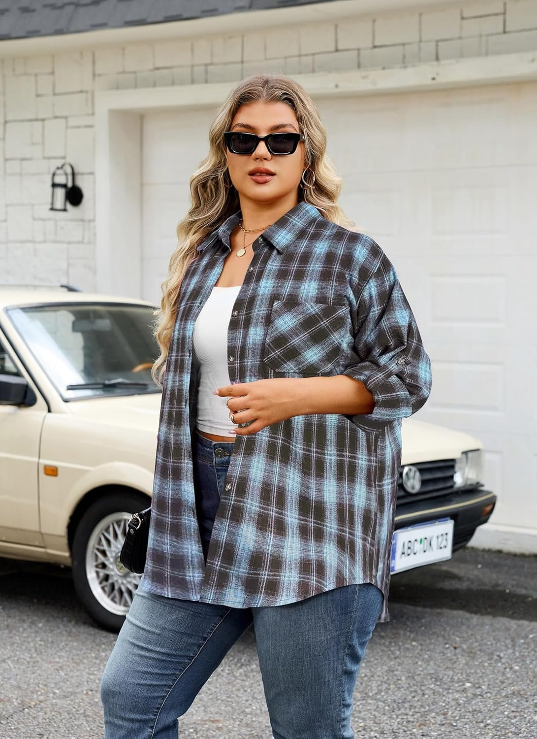 Splensive Womens Plus Size Flannel Shirts Long Sleeve Button Down Plaid Shirt Roll Up Oversize Checkered Blouse Top Fall
