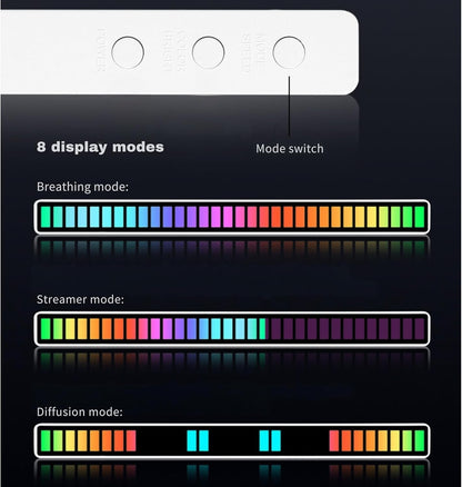 LED strip with mode switch and different display modes on a black background