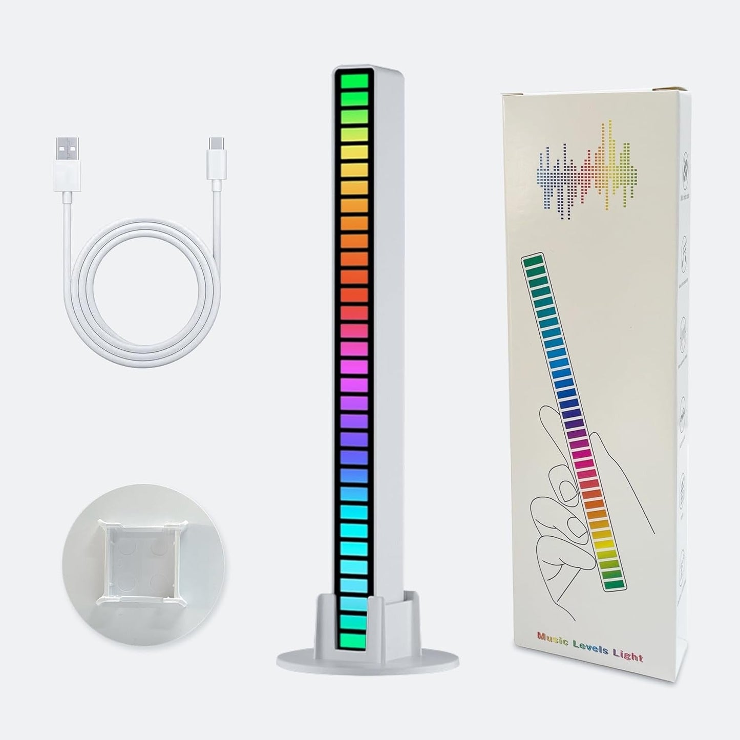 Music equalizer light with packaging, cable, and filter on a white background
