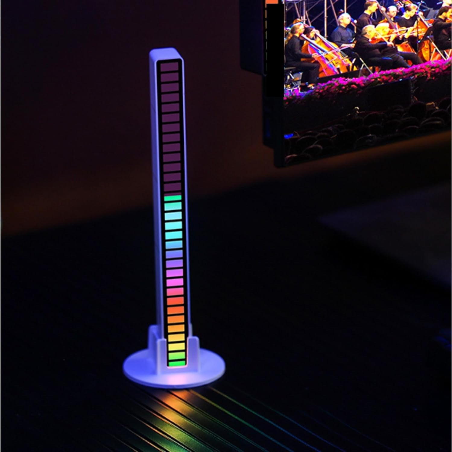 Colorful LED strip light on a stand with a dark background