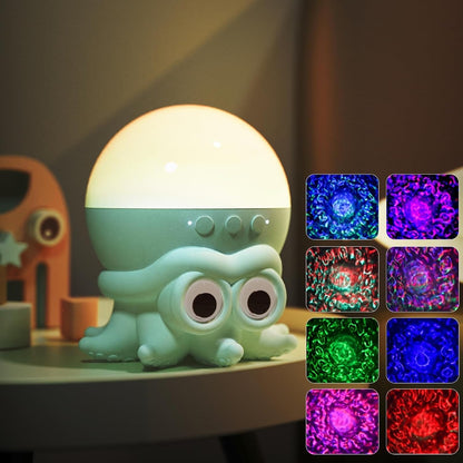 Cute octopus-shaped night light with colorful LED options on a table.