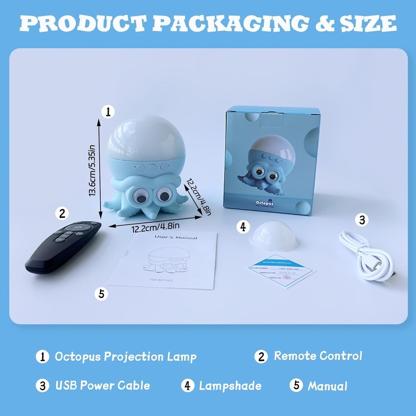 Octopus projection lamp packaging with remote control, power cable, lampshade, and manual