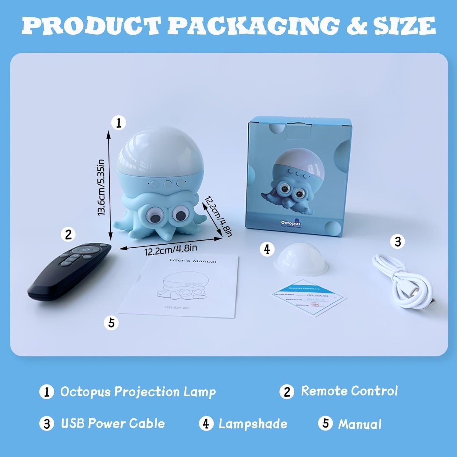 Octopus projection lamp packaging with remote control, power cable, lampshade, and manual