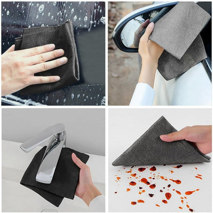 Set of four images showing a microfiber cloth being used for cleaning various surfaces.
