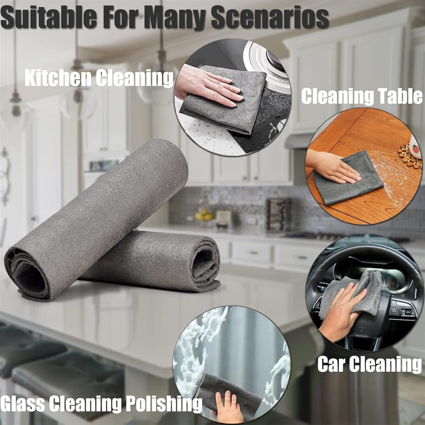 Gray cleaning cloth with various uses including kitchen, table, car, and glass cleaning.