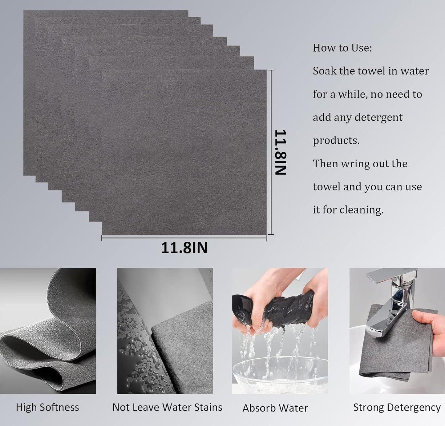 Gray towel with dimensions and cleaning instructions